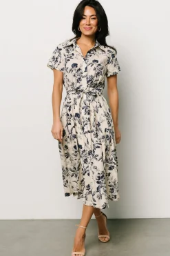 Baltic Born Lorna Midi Dress | Beige + Navy Print