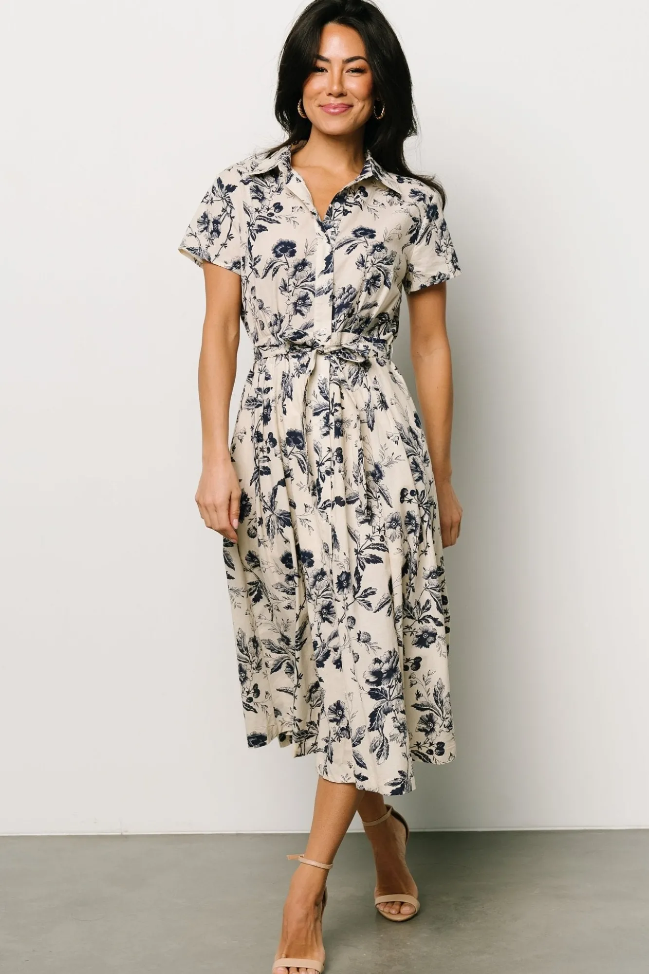 Baltic Born Lorna Midi Dress | Beige + Navy Print