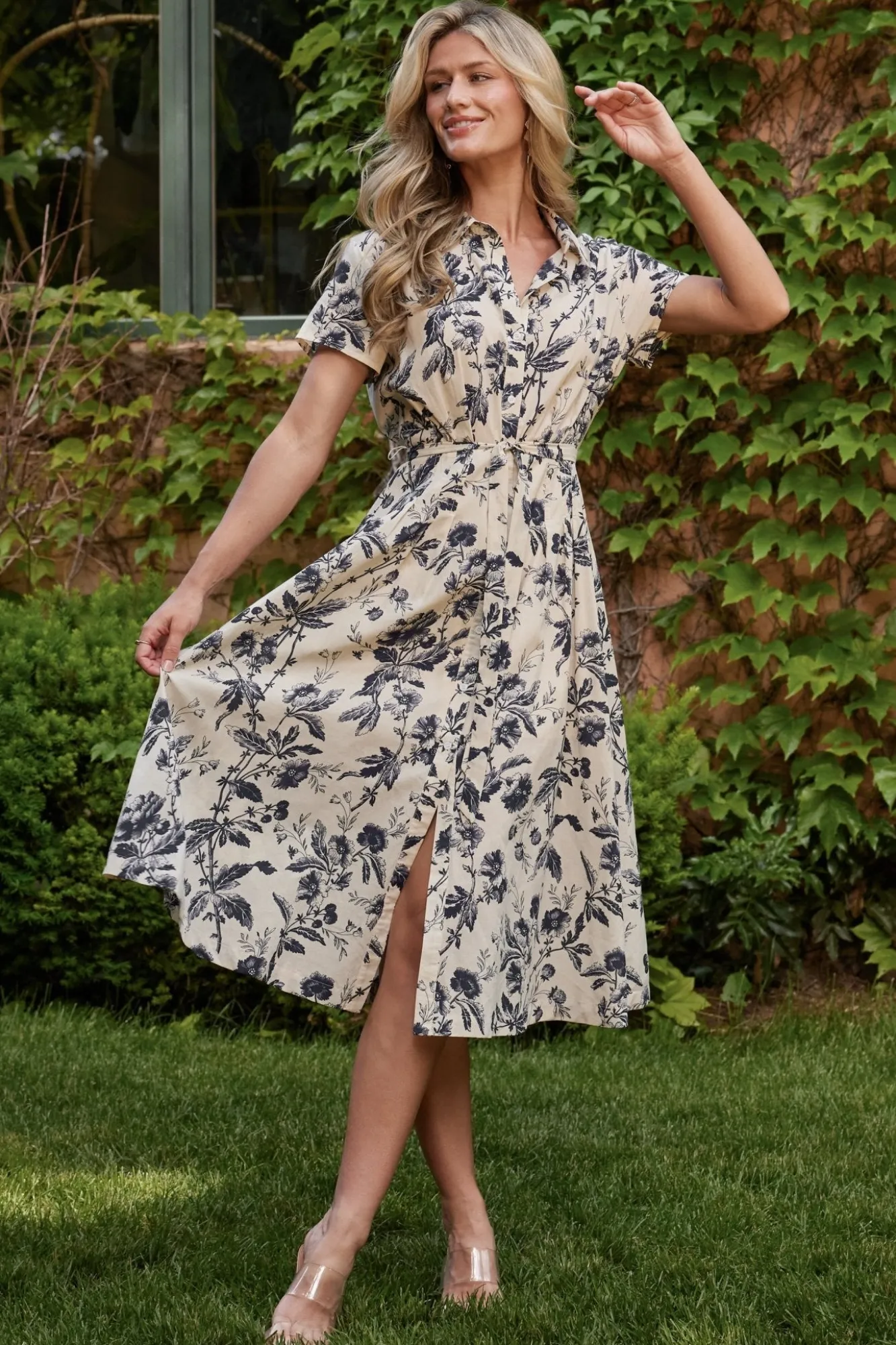 Baltic Born Lorna Midi Dress | Beige + Navy Print