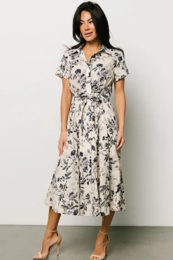 Baltic Born Lorna Midi Dress | Beige + Navy Print