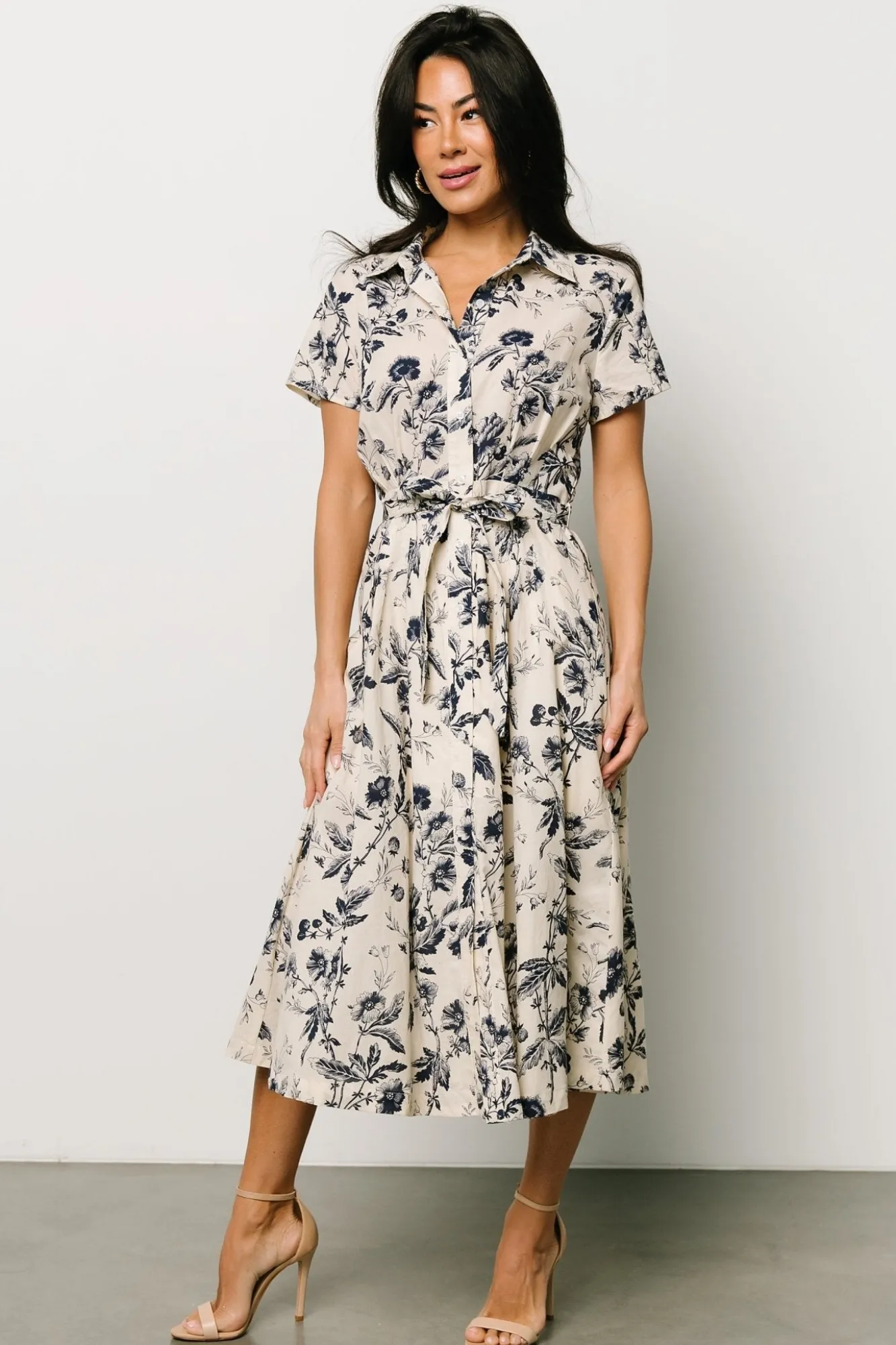 Baltic Born Lorna Midi Dress | Beige + Navy Print