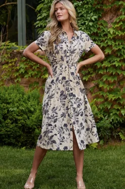 Baltic Born Lorna Midi Dress | Beige + Navy Print