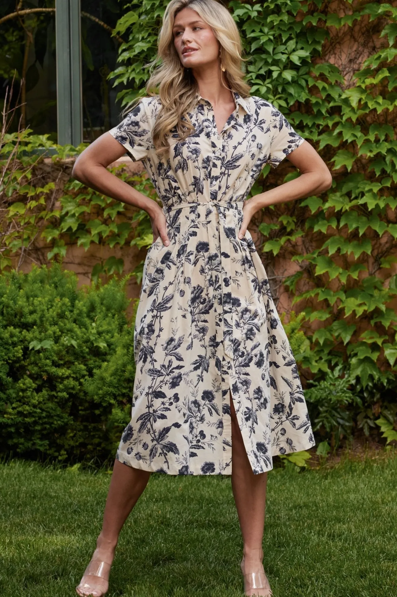 Baltic Born Lorna Midi Dress | Beige + Navy Print