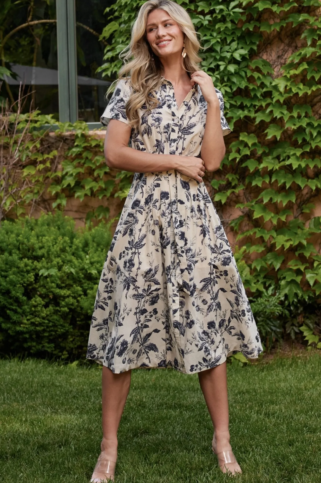 Baltic Born Lorna Midi Dress | Beige + Navy Print