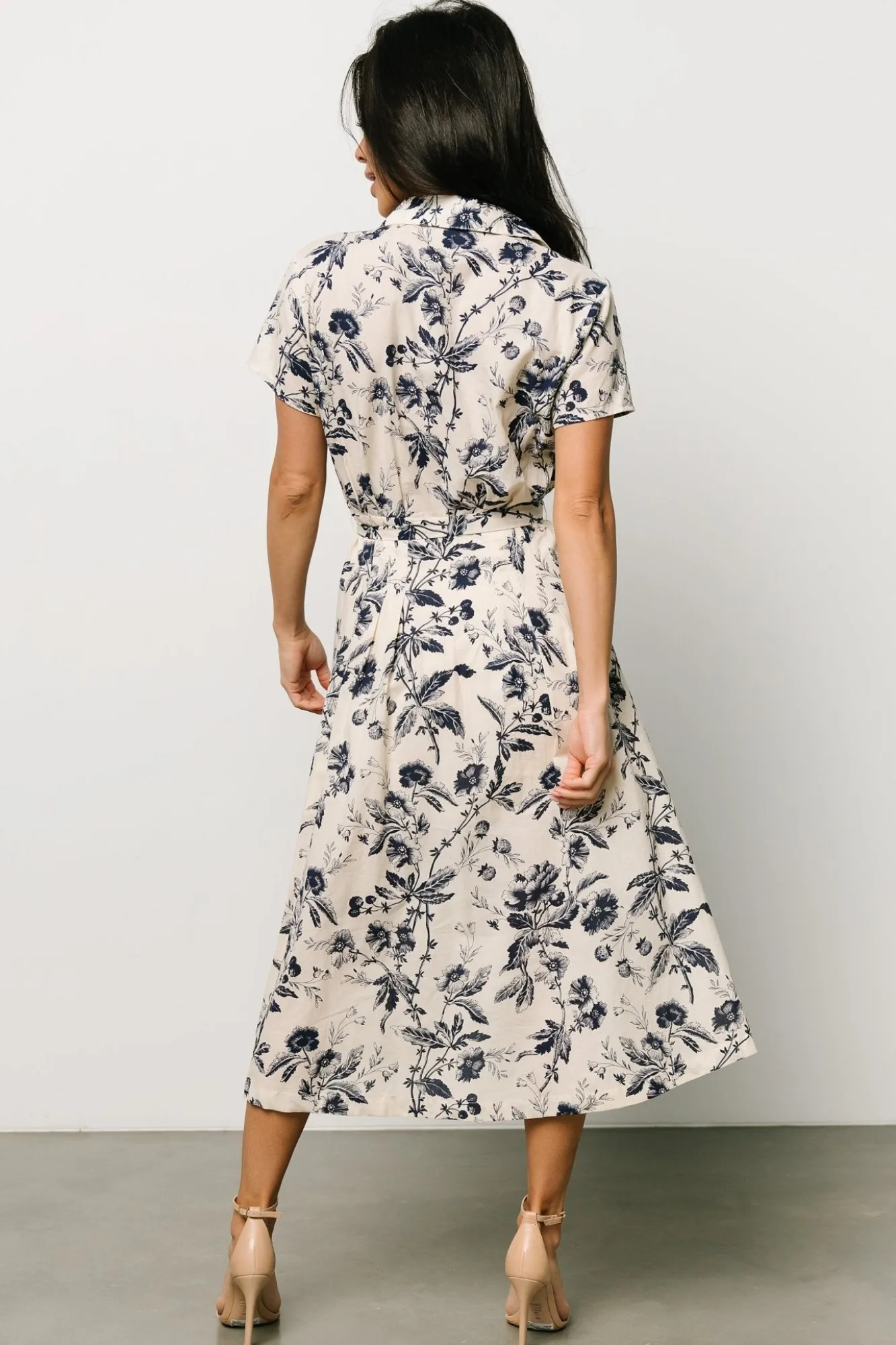 Baltic Born Lorna Midi Dress | Beige + Navy Print