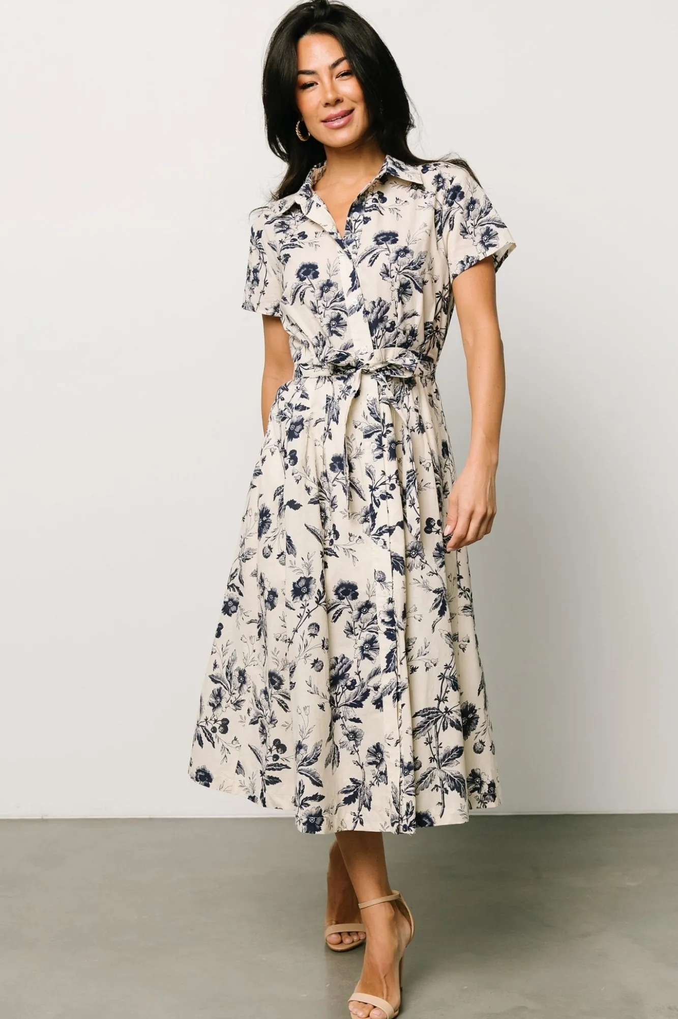 Baltic Born Lorna Midi Dress | Beige + Navy Print