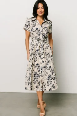 Baltic Born Lorna Midi Dress | Beige + Navy Print
