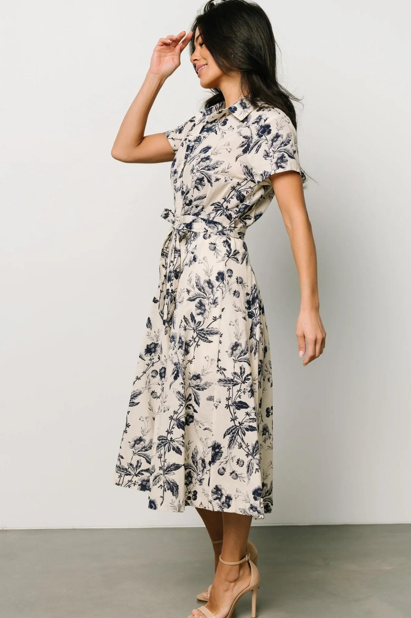 Baltic Born Lorna Midi Dress | Beige + Navy Print