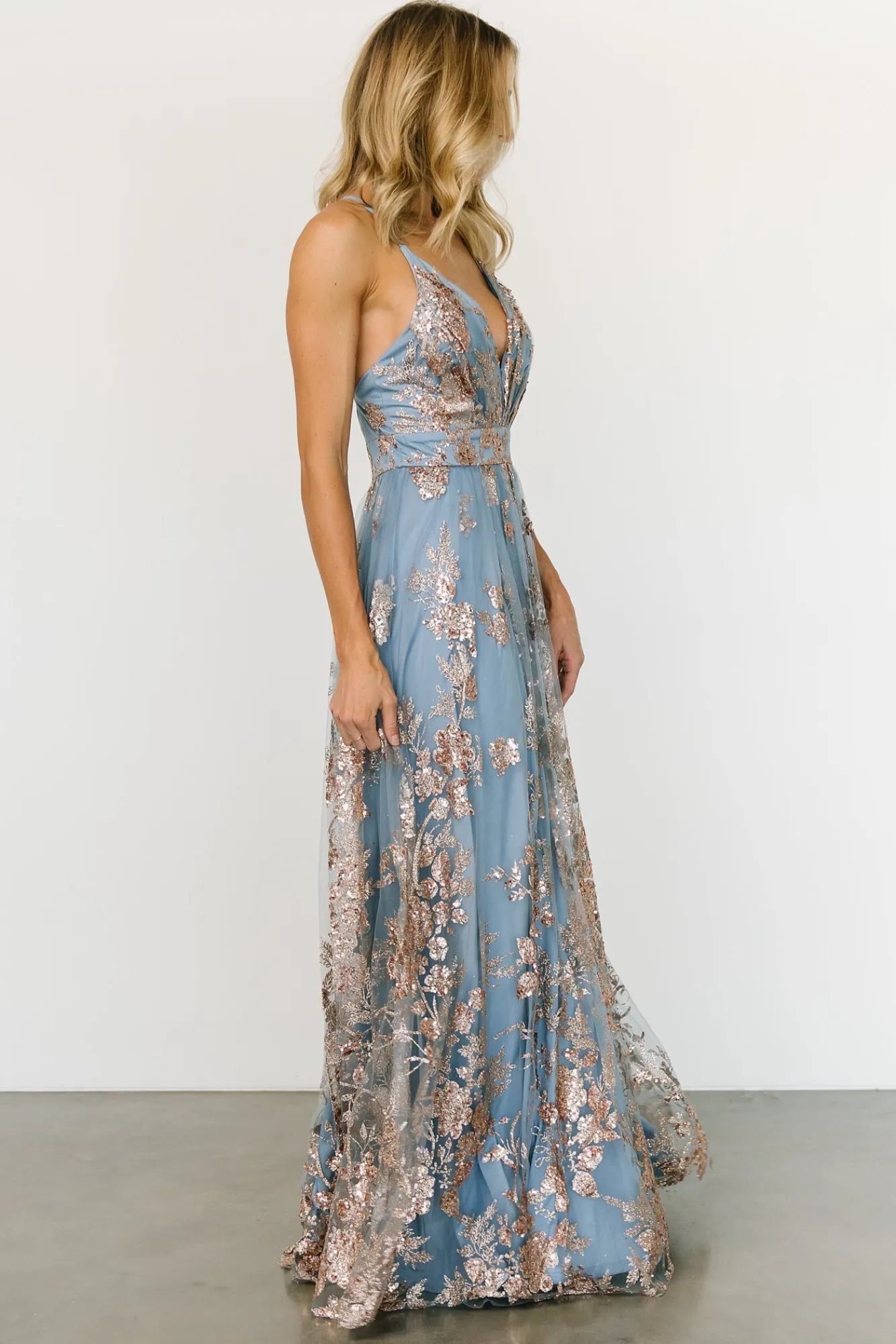 Baltic Born Lucienne Shimmer Maxi Gown | Light Blue + Rose Gold