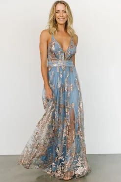 Baltic Born Lucienne Shimmer Maxi Gown | Light Blue + Rose Gold