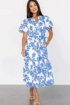 Baltic Born Lydie Button Midi Dress | White + Blue
