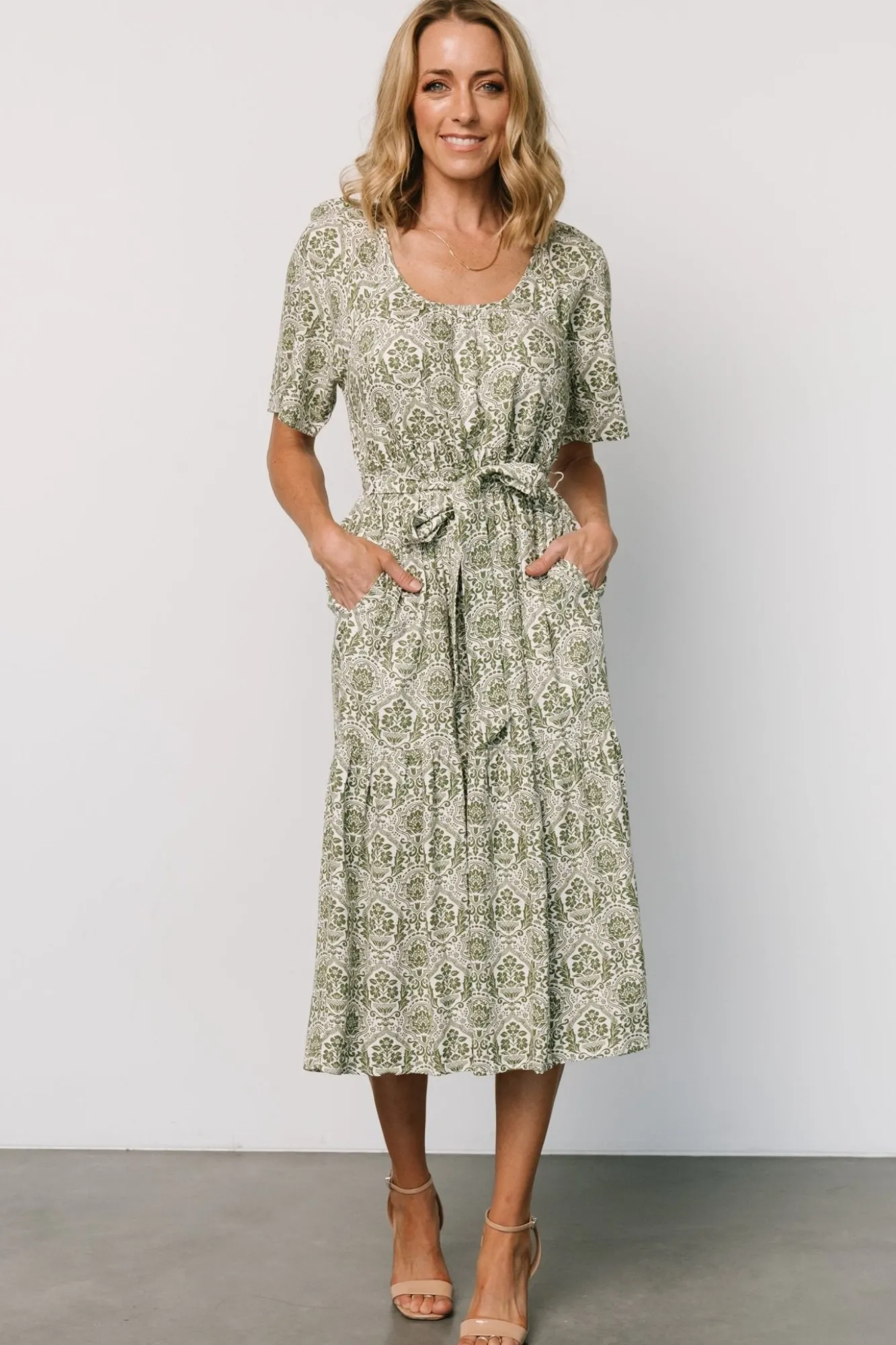 Baltic Born Lyla Midi Dress | White + Olive Print