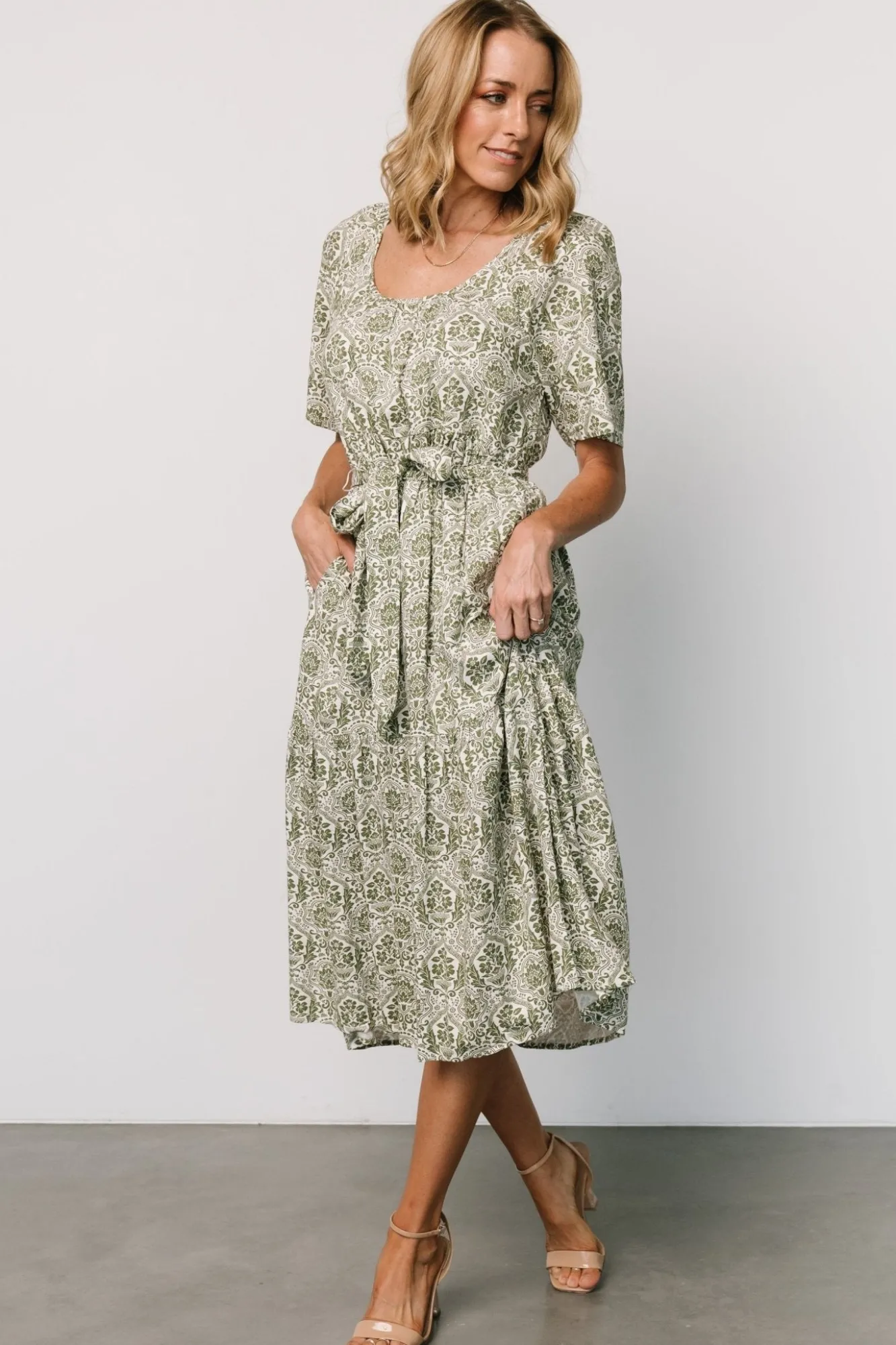 Baltic Born Lyla Midi Dress | White + Olive Print