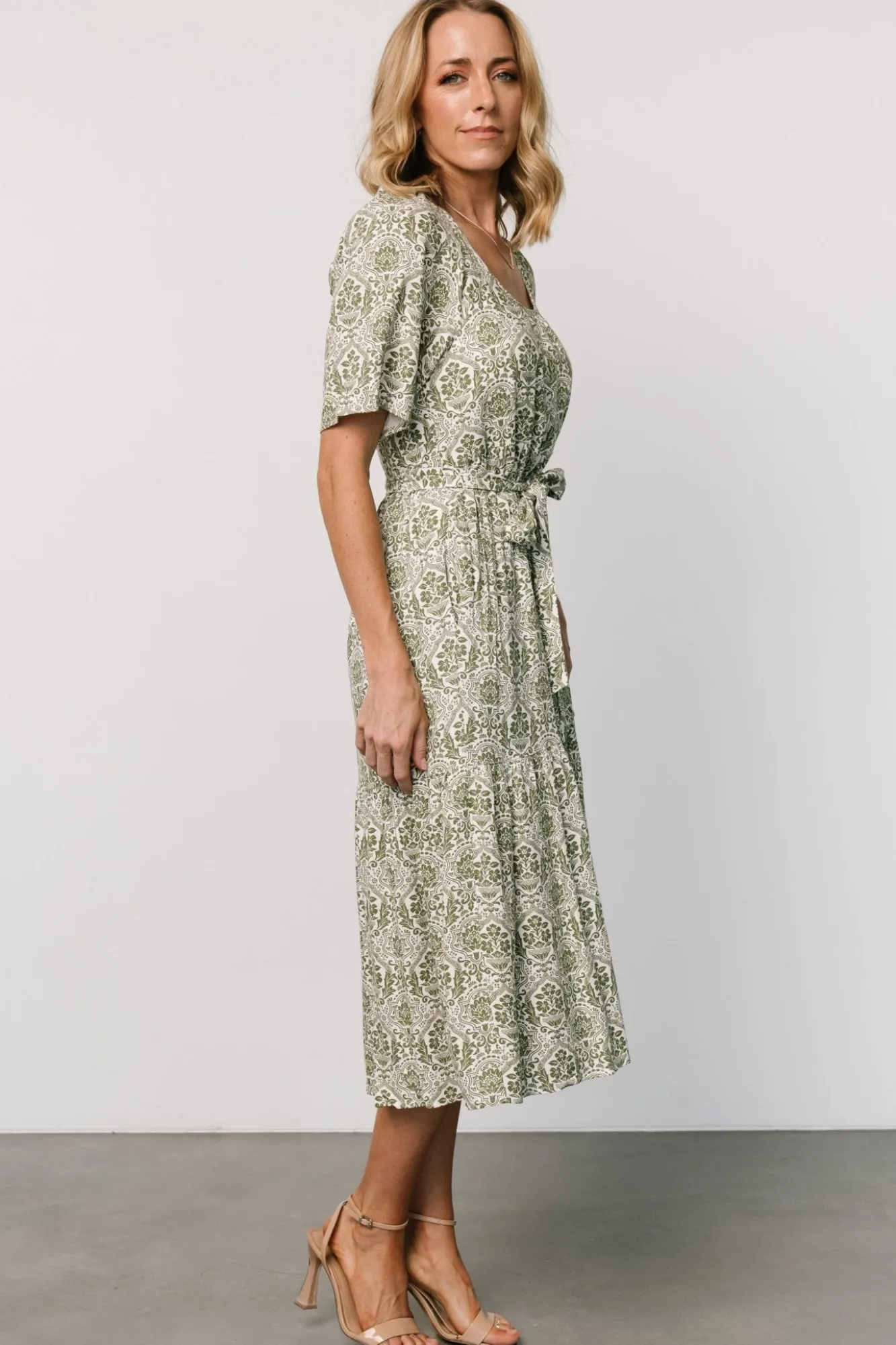 Baltic Born Lyla Midi Dress | White + Olive Print