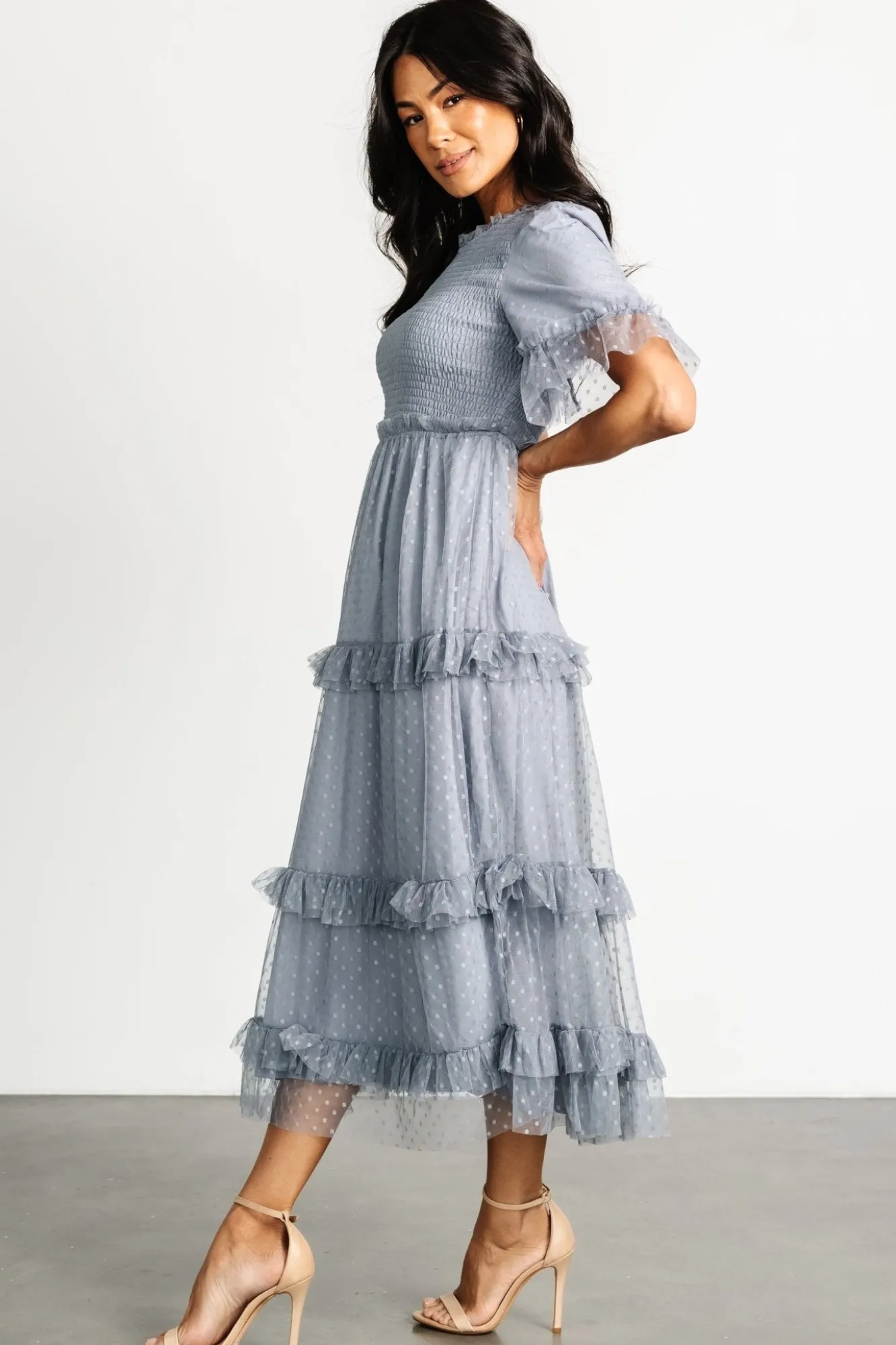 Baltic Born Lysandra Smocked Dot Dress | Dusty Slate