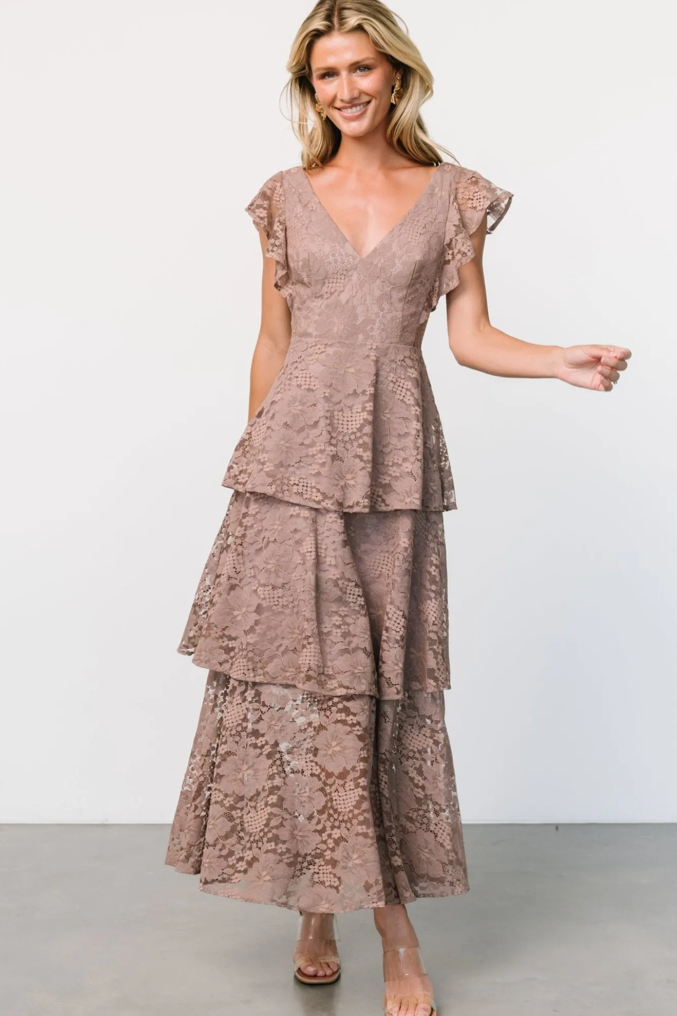 Baltic Born Margot Lace Tiered Maxi Dress | Desert Taupe
