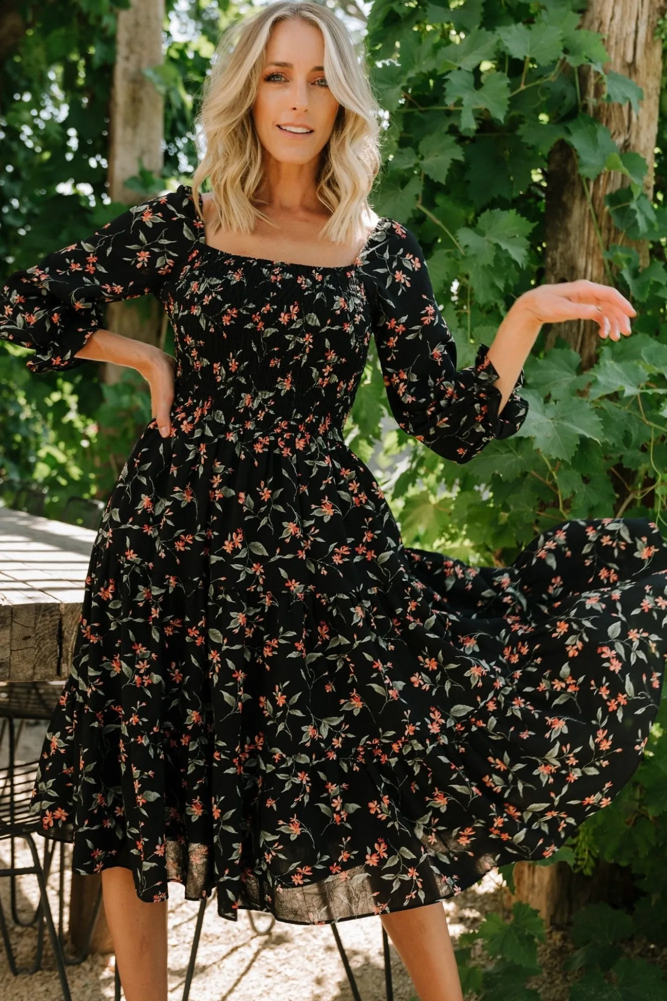 Baltic Born Marta Smocked Midi Dress | Black Floral