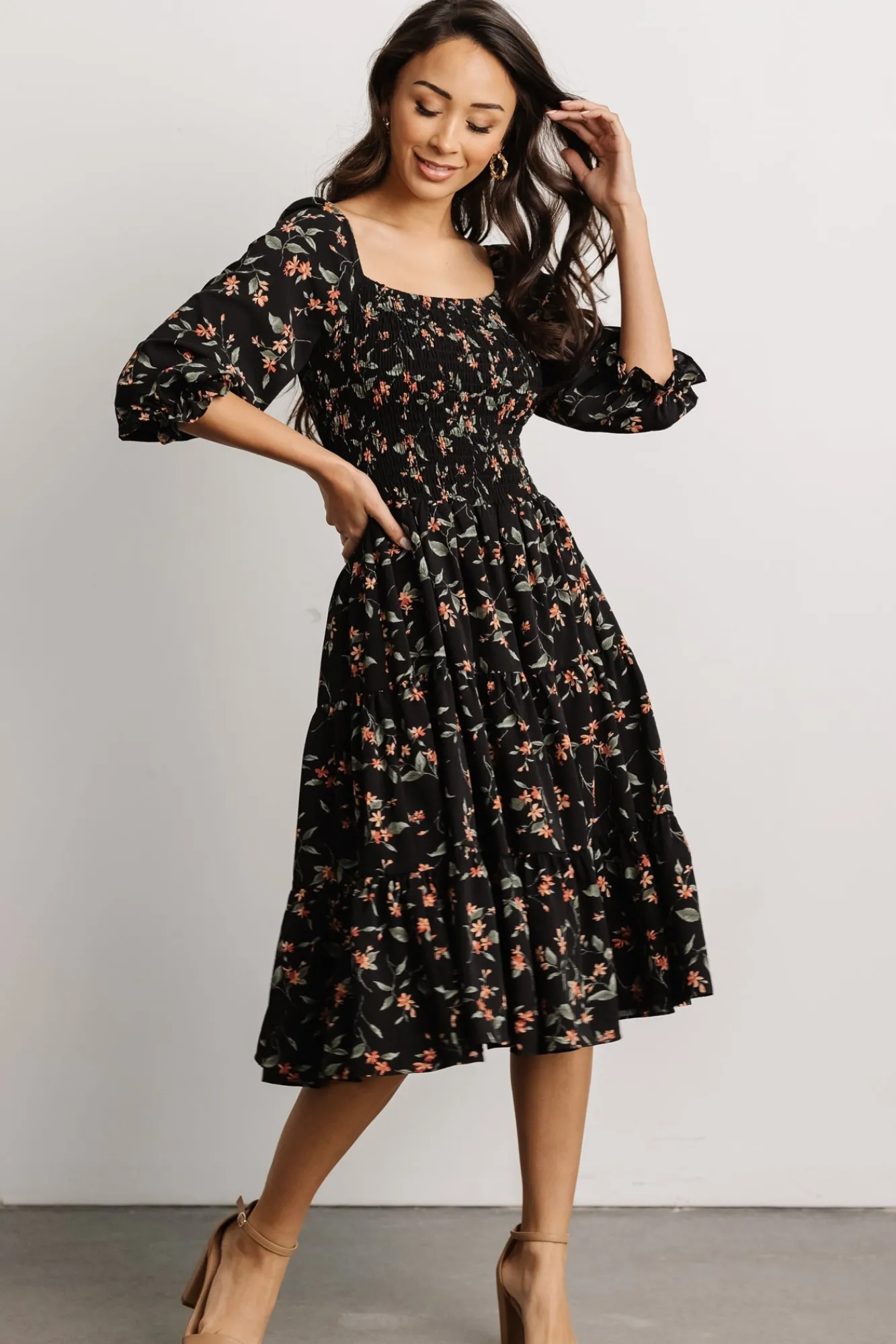 Baltic Born Marta Smocked Midi Dress | Black Floral