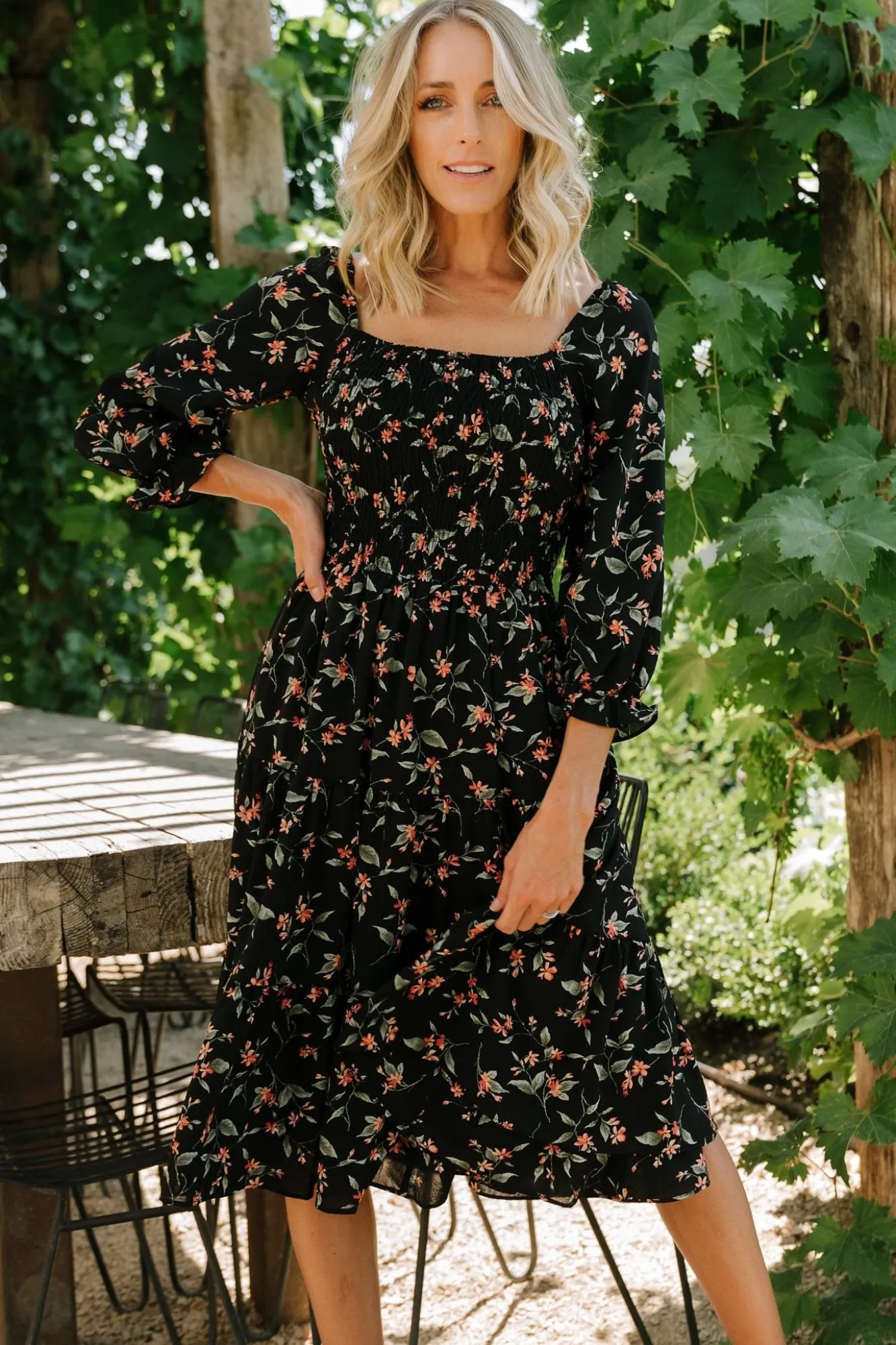 Baltic Born Marta Smocked Midi Dress | Black Floral