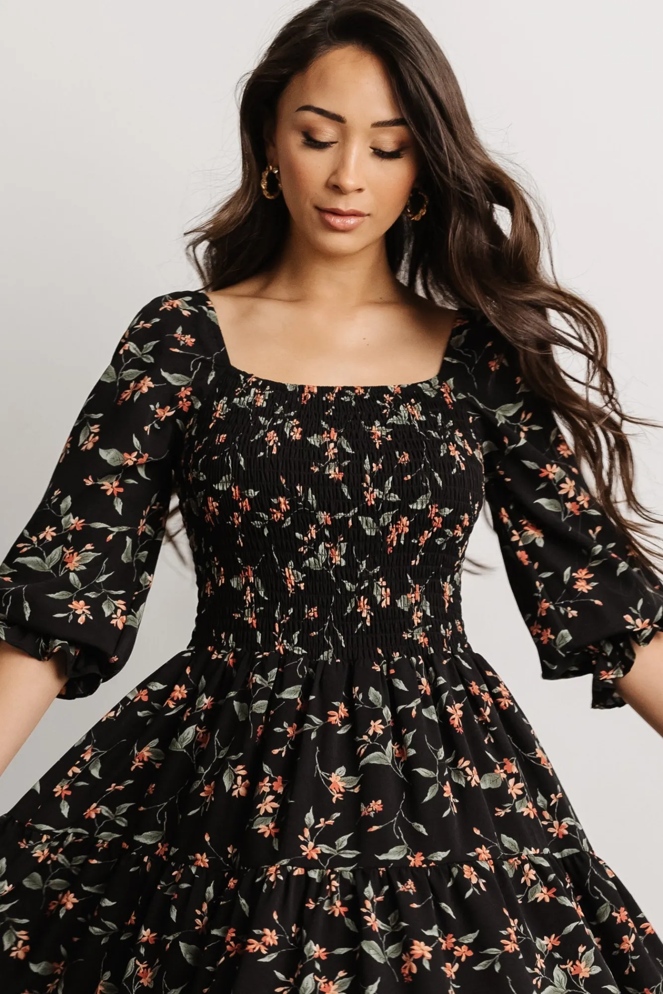 Baltic Born Marta Smocked Midi Dress | Black Floral