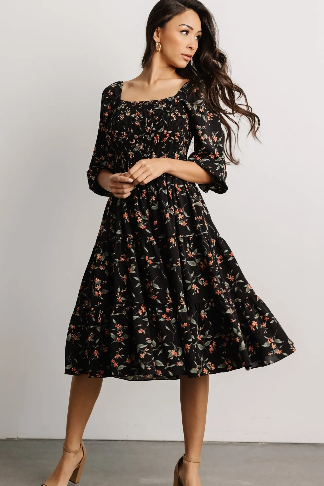 Baltic Born Marta Smocked Midi Dress | Black Floral
