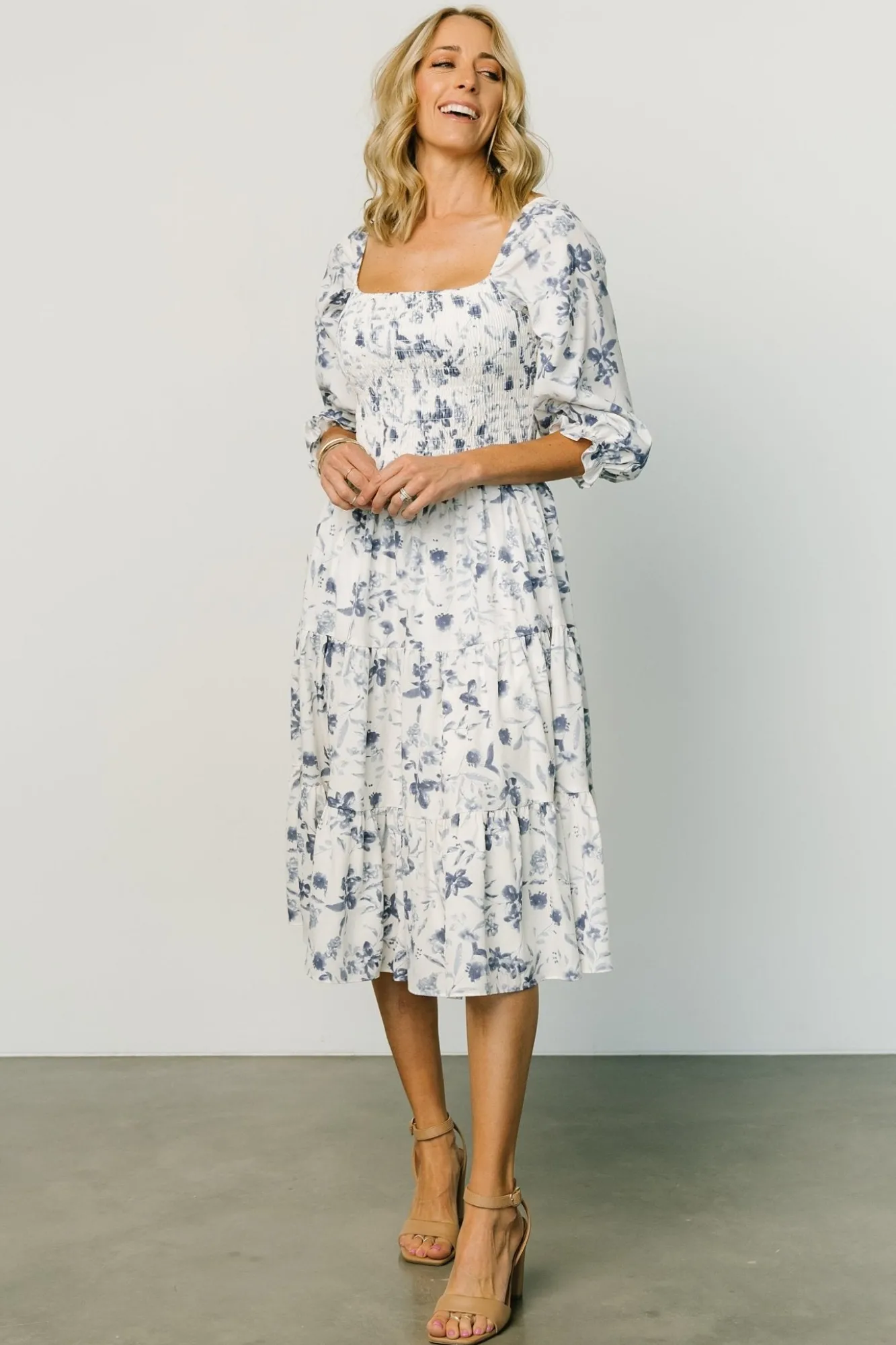 Baltic Born Marta Smocked Midi Dress | White + Blue