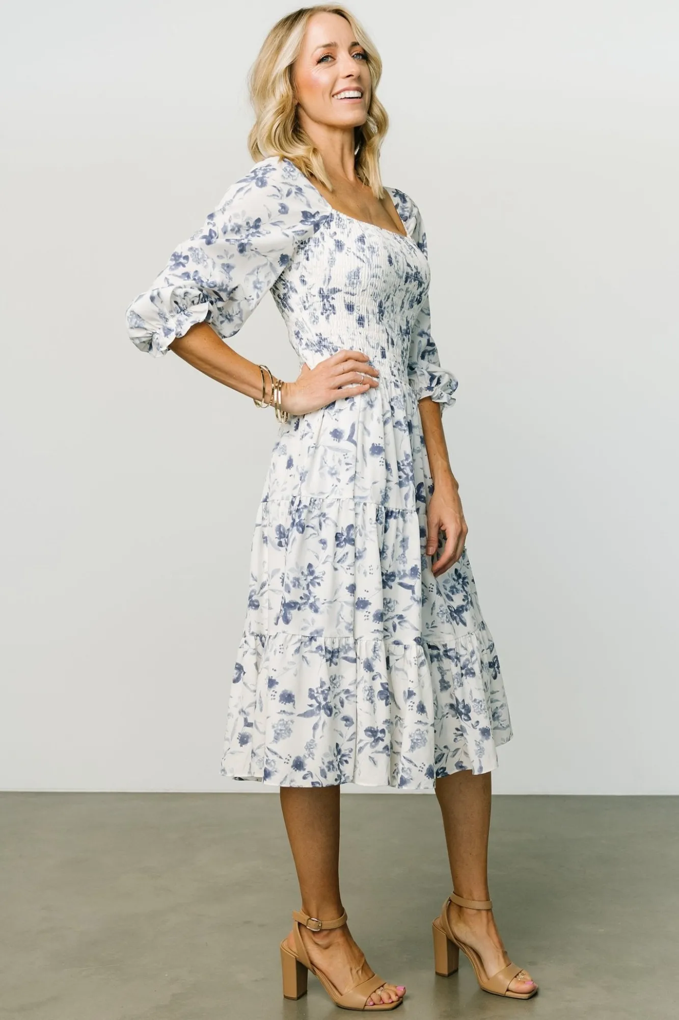 Baltic Born Marta Smocked Midi Dress | White + Blue
