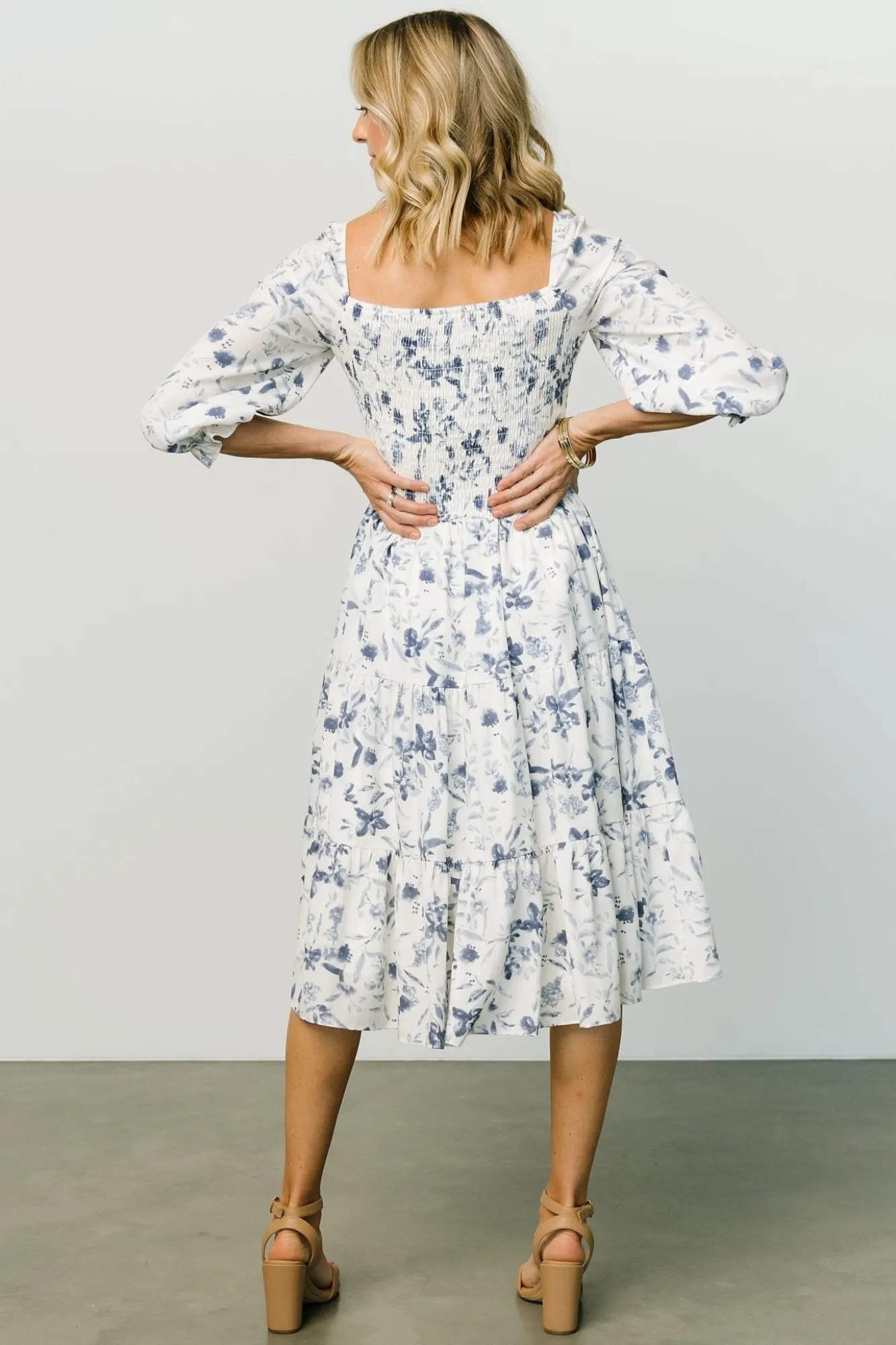 Baltic Born Marta Smocked Midi Dress | White + Blue