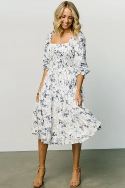 Baltic Born Marta Smocked Midi Dress | White + Blue
