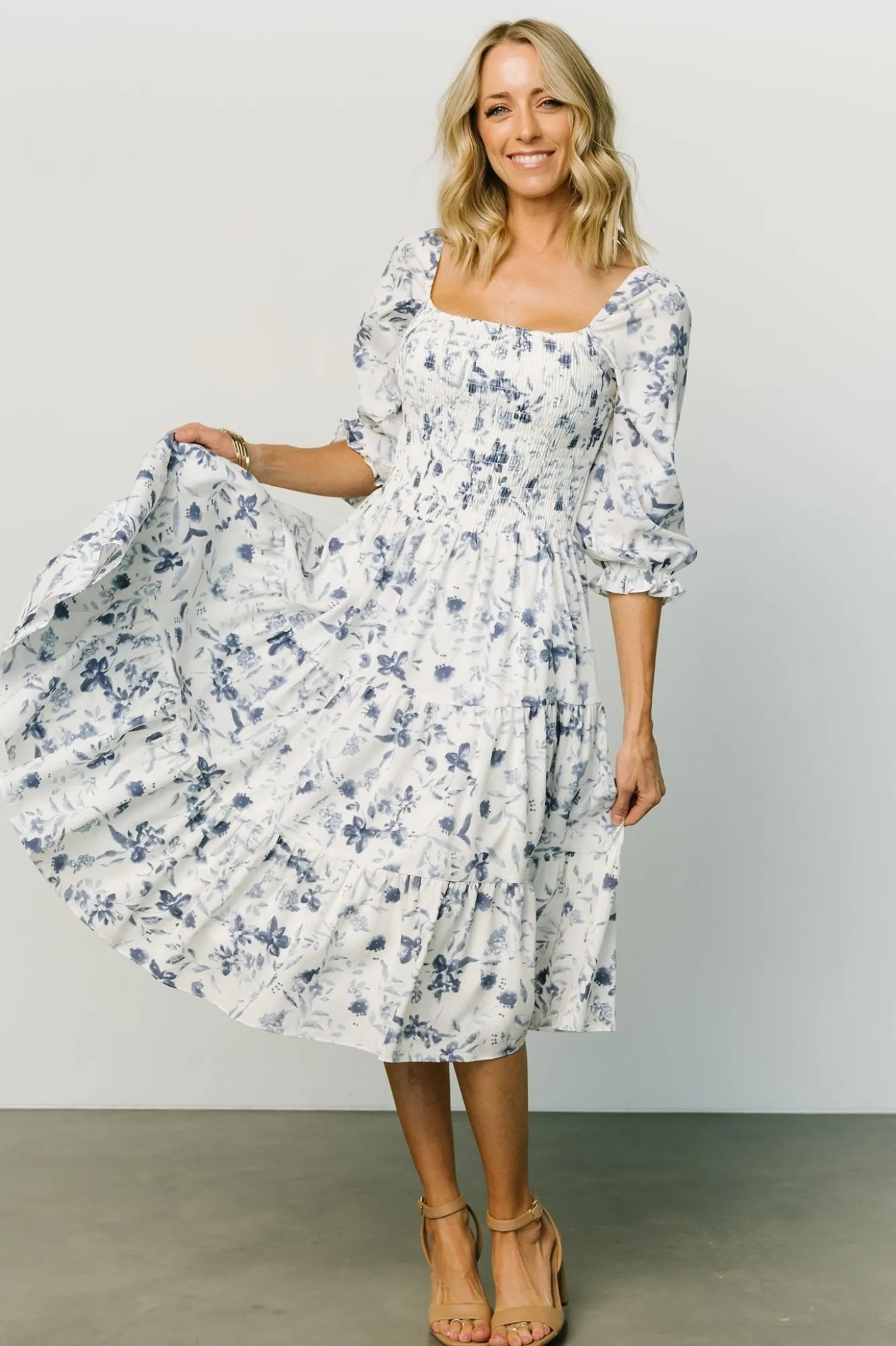 Baltic Born Marta Smocked Midi Dress | White + Blue