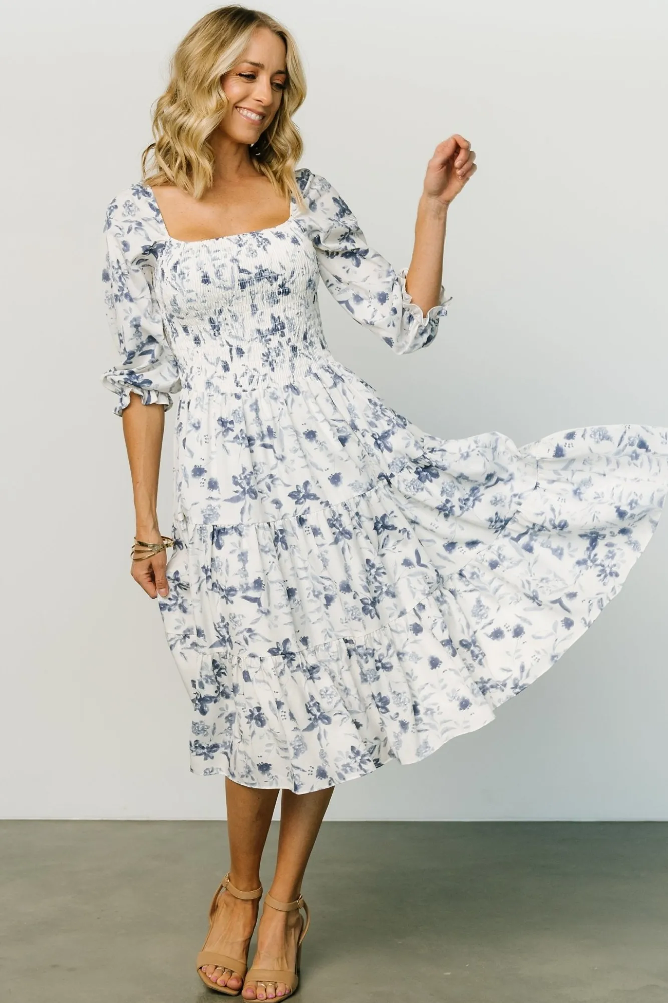 Baltic Born Marta Smocked Midi Dress | White + Blue