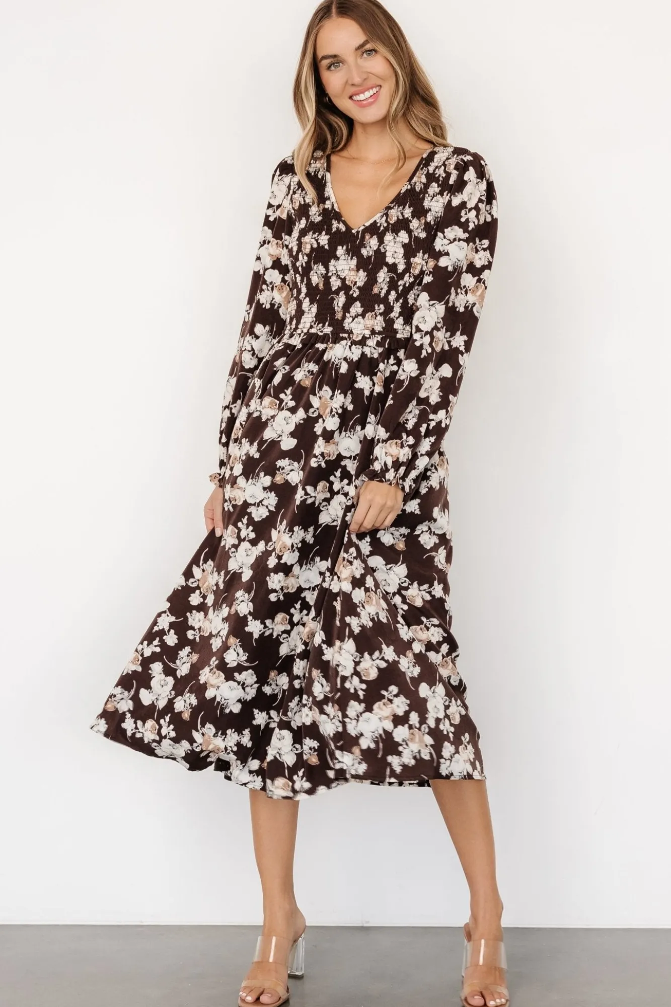 Baltic Born Matilda Smocked Midi Dress | Brown Floral