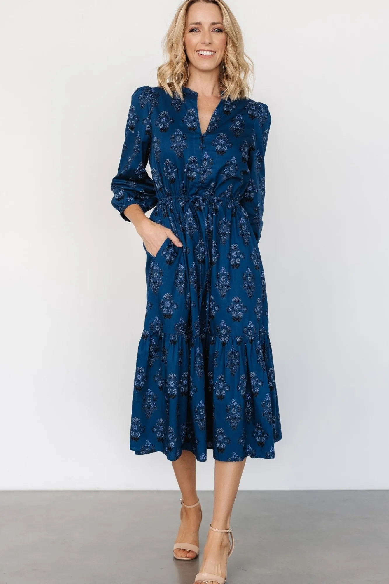 Baltic Born Mira Midi Dress | Deep Blue Print