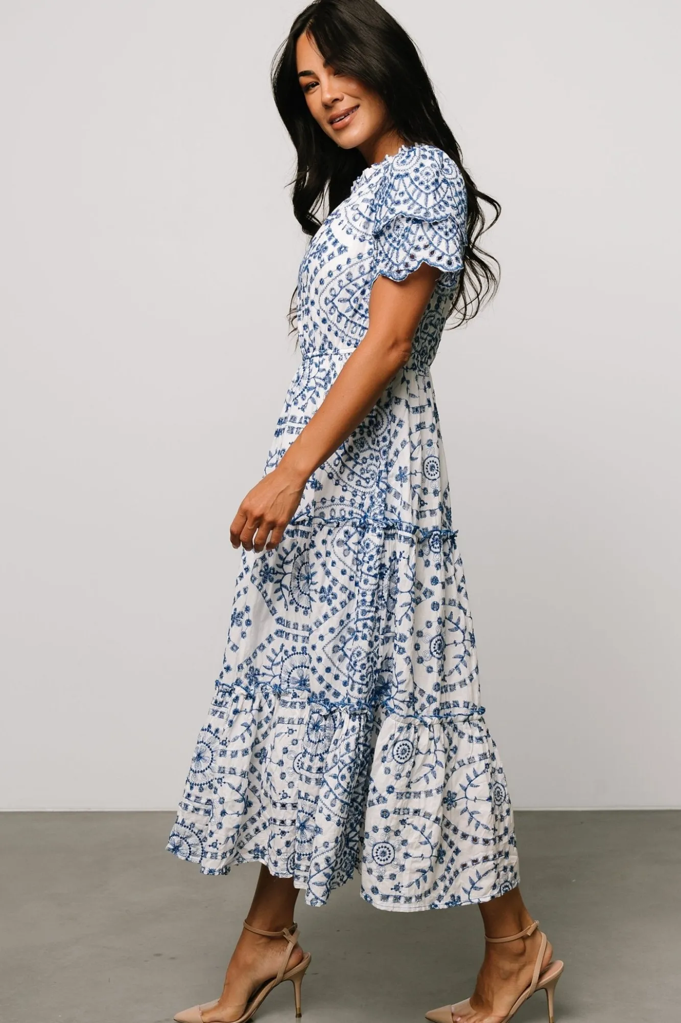 Baltic Born Mirabel Eyelet Midi Dress | White + Blue