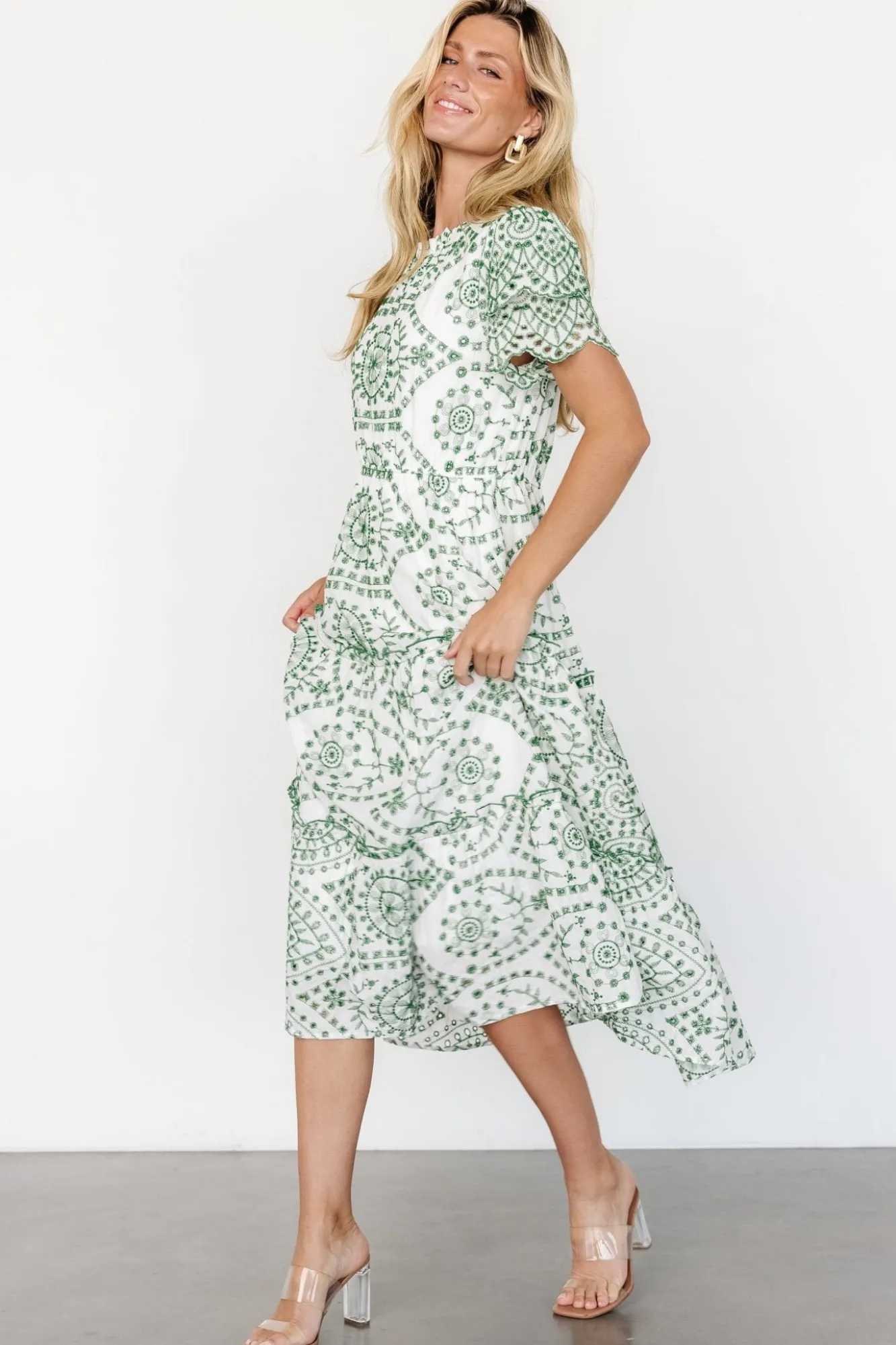 Baltic Born Mirabel Eyelet Midi Dress | White + Green