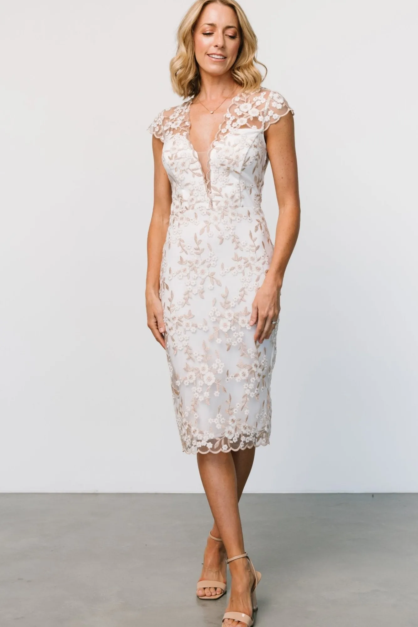 Baltic Born Monique Embroidered Midi Dress | White + Gold
