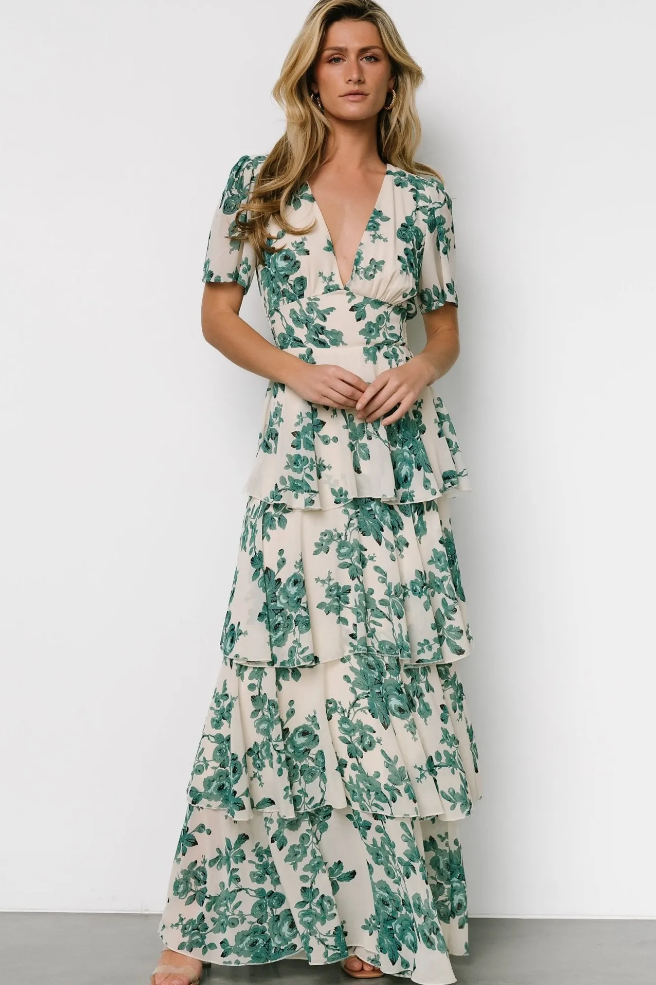Baltic Born Montaigne Ruffle Maxi Dress | Ivory + Green Floral