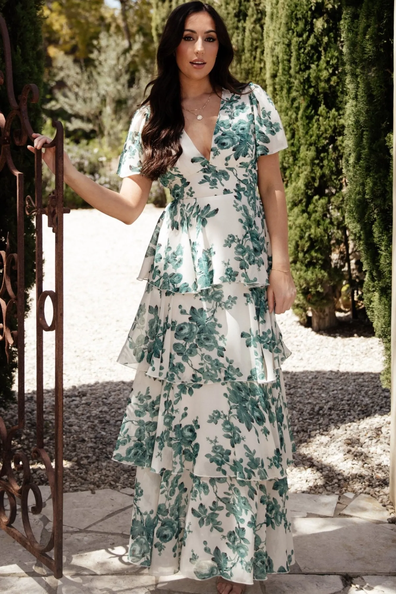 Baltic Born Montaigne Ruffle Maxi Dress | Ivory + Green Floral