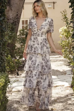 Baltic Born Montaigne Ruffle Maxi Dress | Beige + Slate Floral
