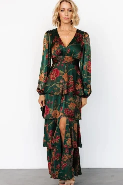 Baltic Born Montrouge Tiered Satin Dress | Emerald Floral