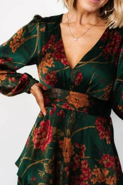 Baltic Born Montrouge Tiered Satin Dress | Emerald Floral