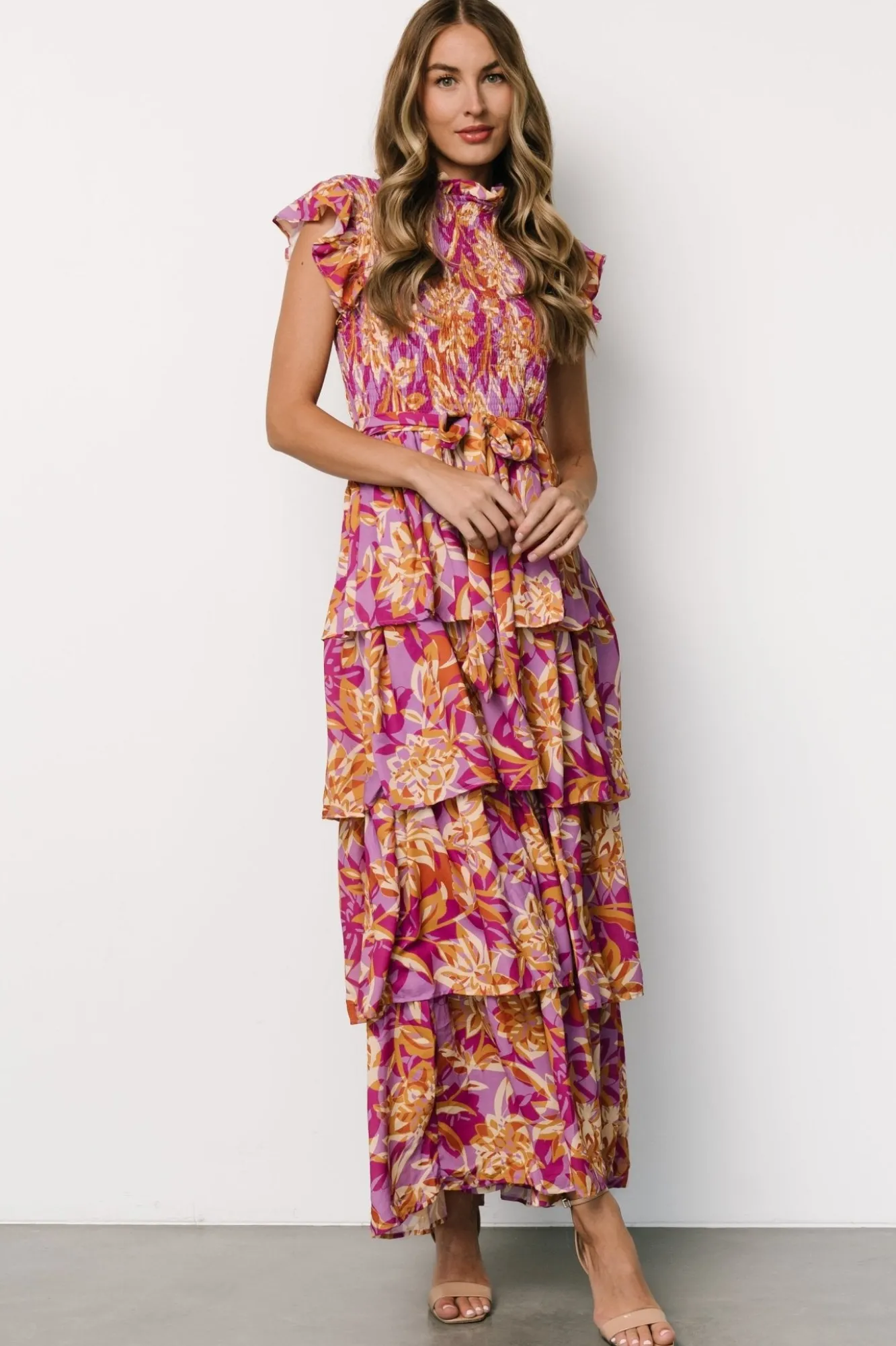 Baltic Born Mya Smocked Maxi Dress | Orchid + Gold Print