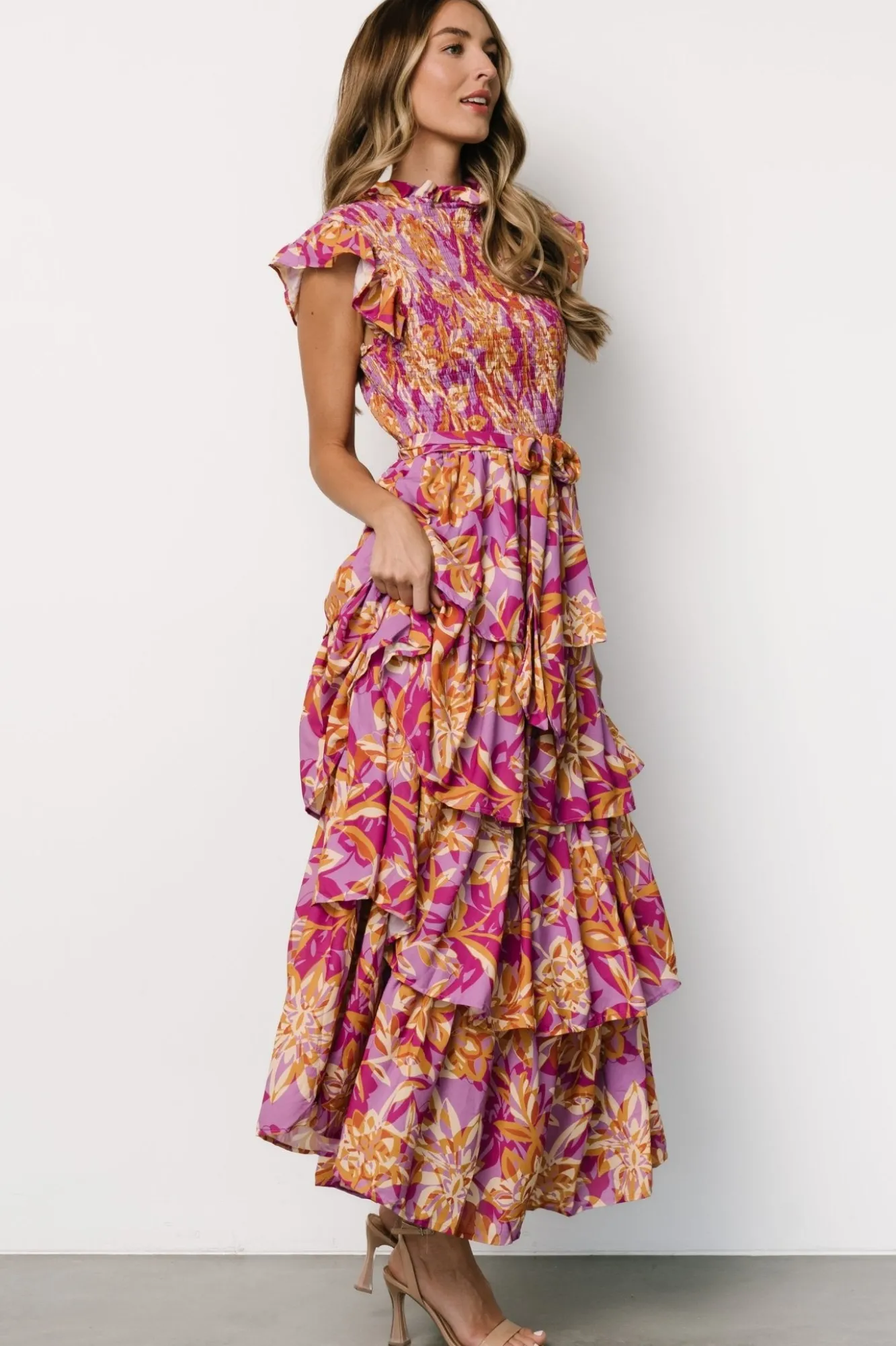 Baltic Born Mya Smocked Maxi Dress | Orchid + Gold Print