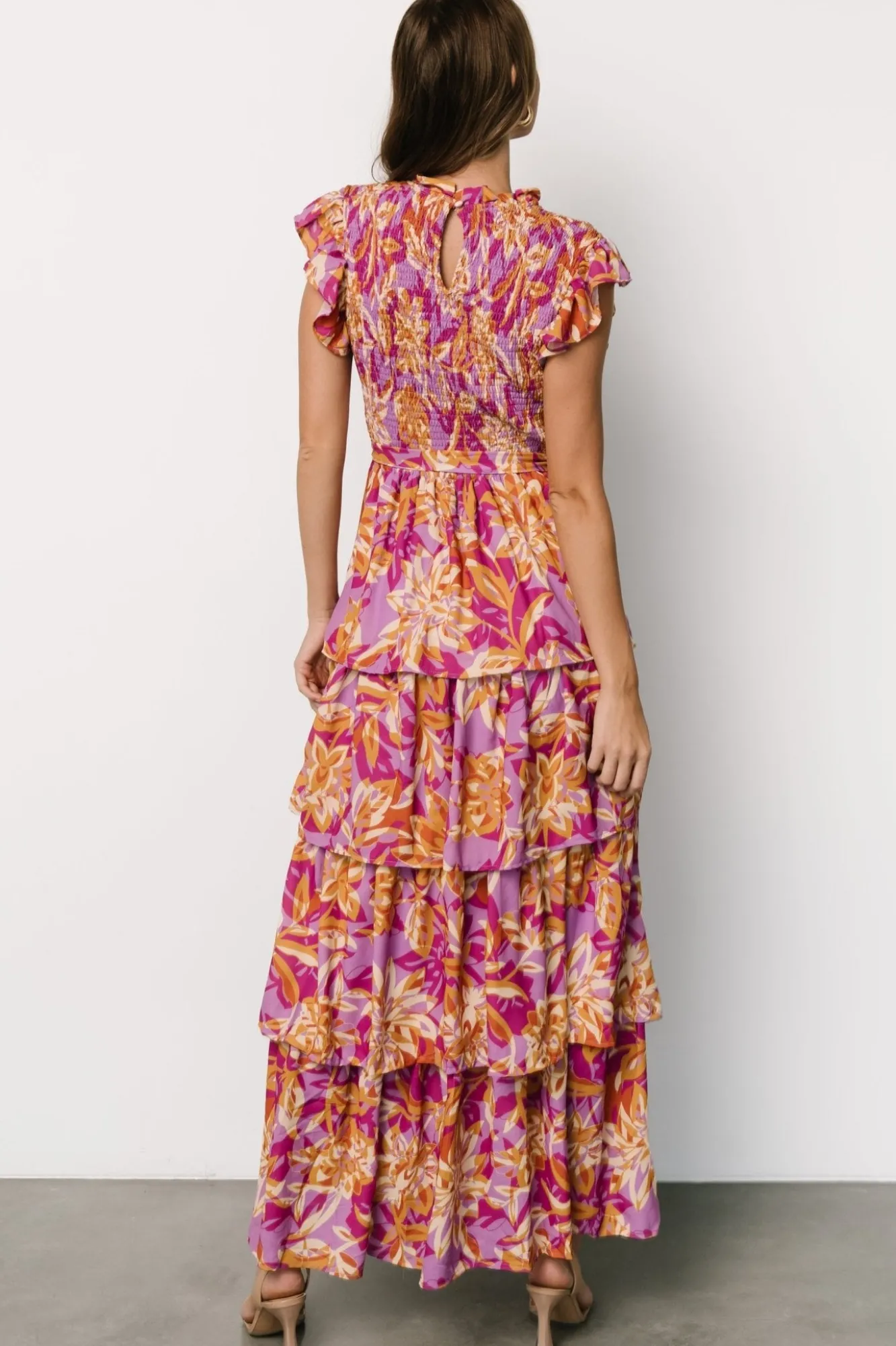 Baltic Born Mya Smocked Maxi Dress | Orchid + Gold Print