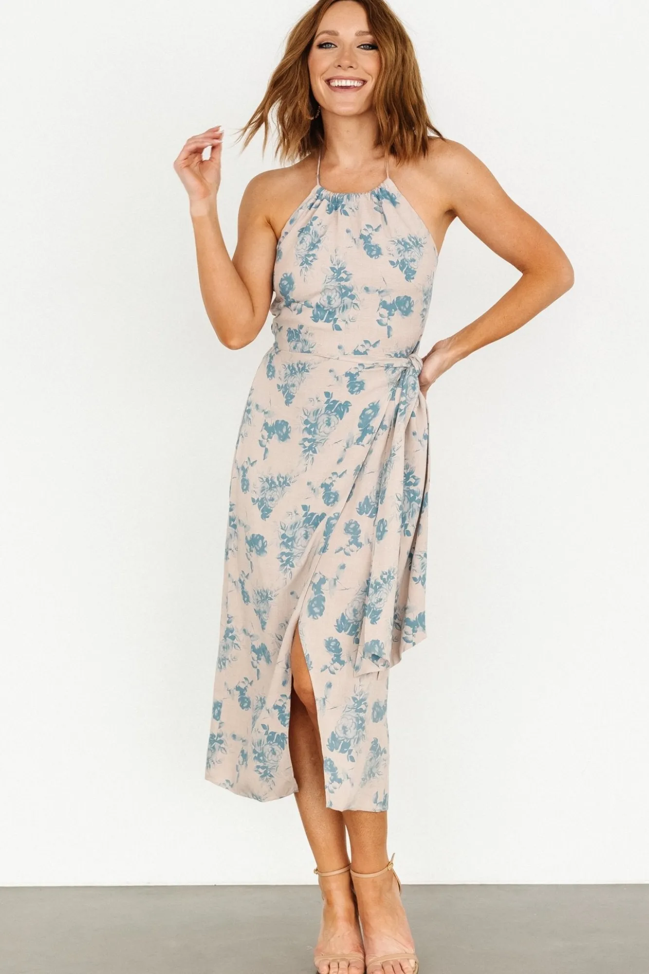 Baltic Born Nicole Faux Wrap Midi Dress | Natural + Blue