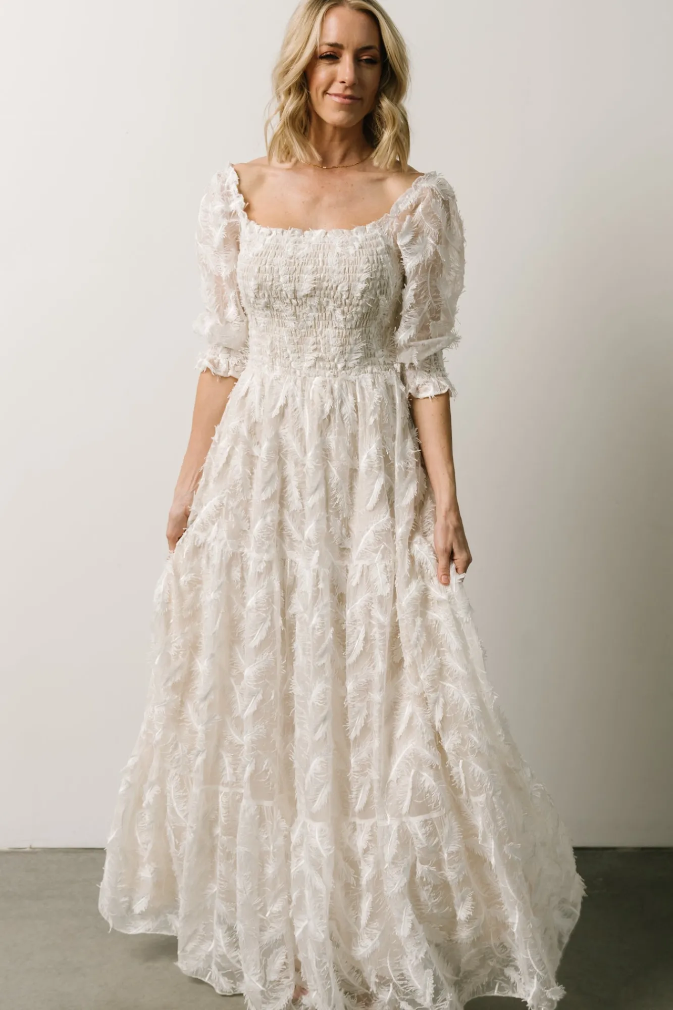 Baltic Born Paloma Smocked Feather Maxi Dress | Off White