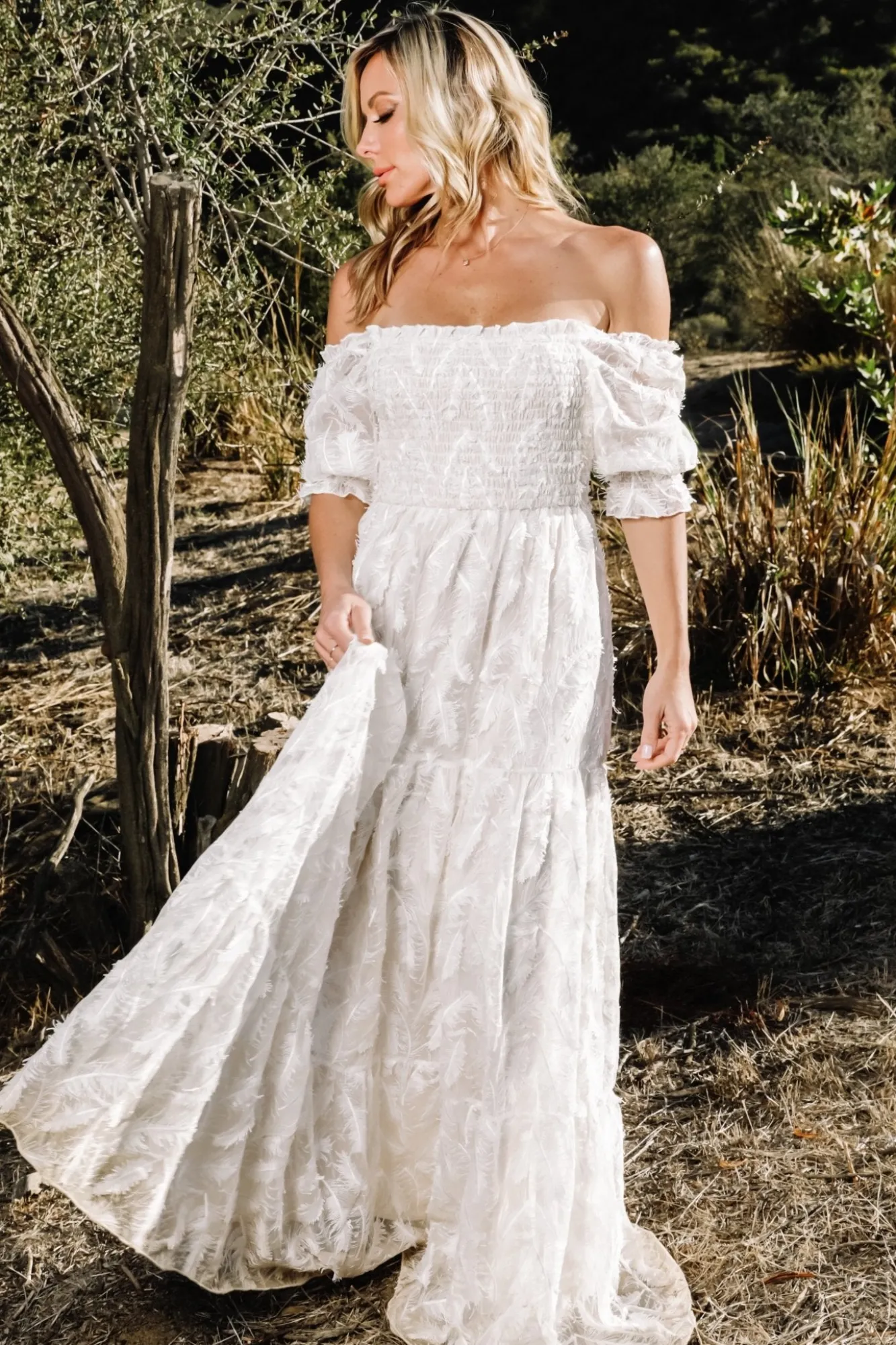 Baltic Born Paloma Smocked Feather Maxi Dress | Off White
