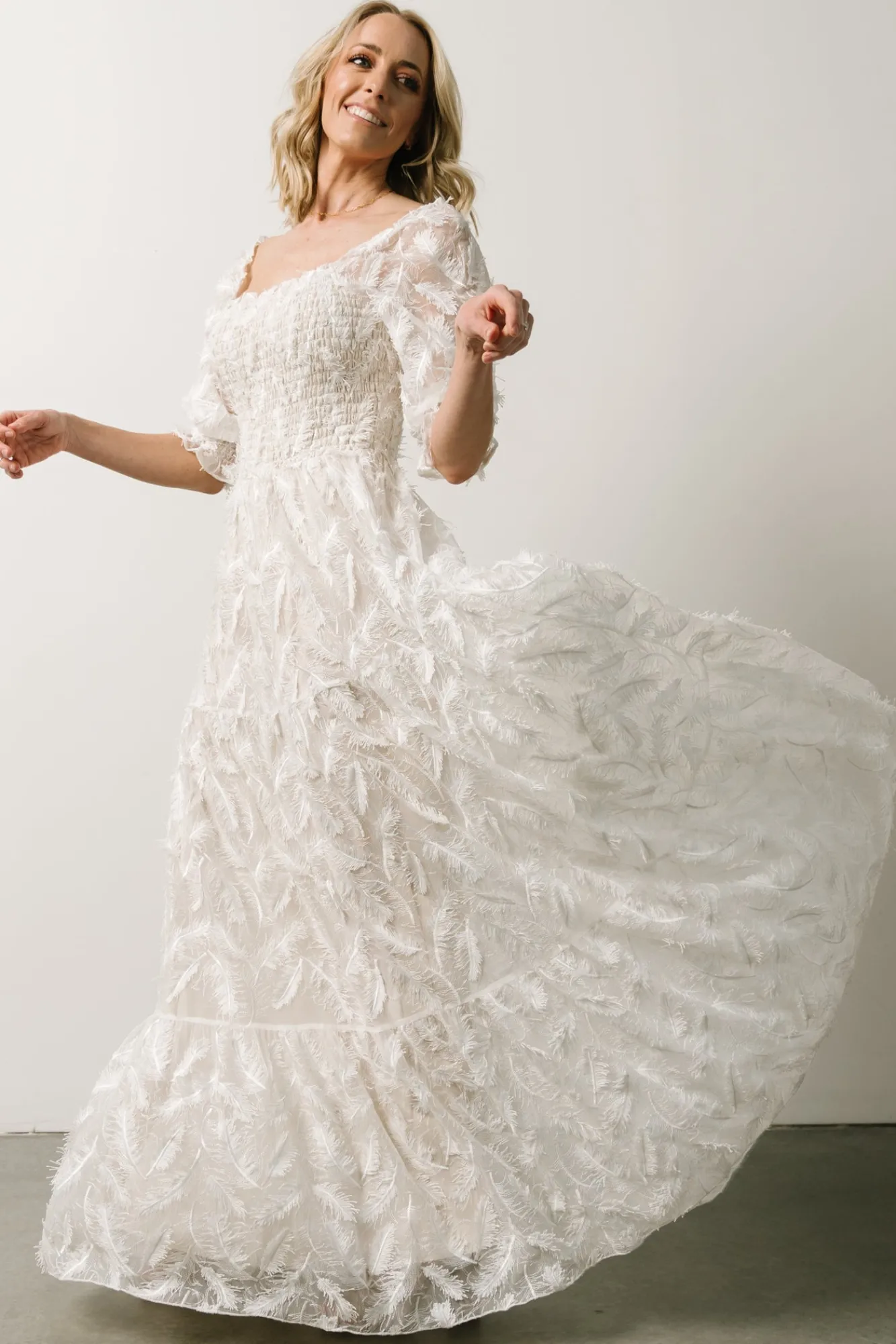 Baltic Born Paloma Smocked Feather Maxi Dress | Off White