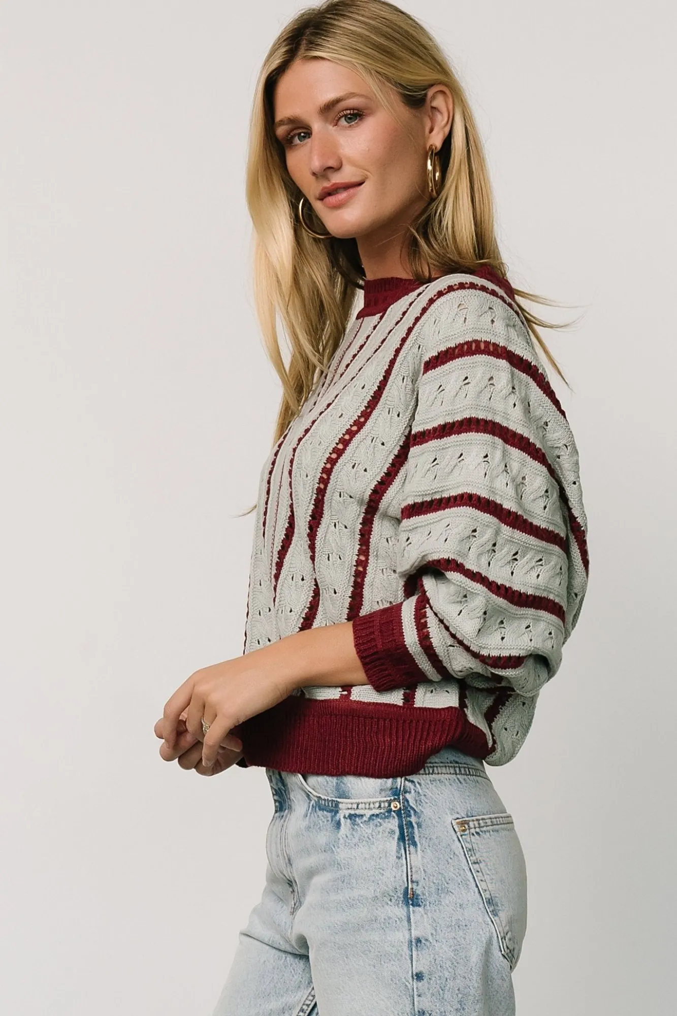 Baltic Born Paola Pointelle Sweater | Light Blue + Burgundy
