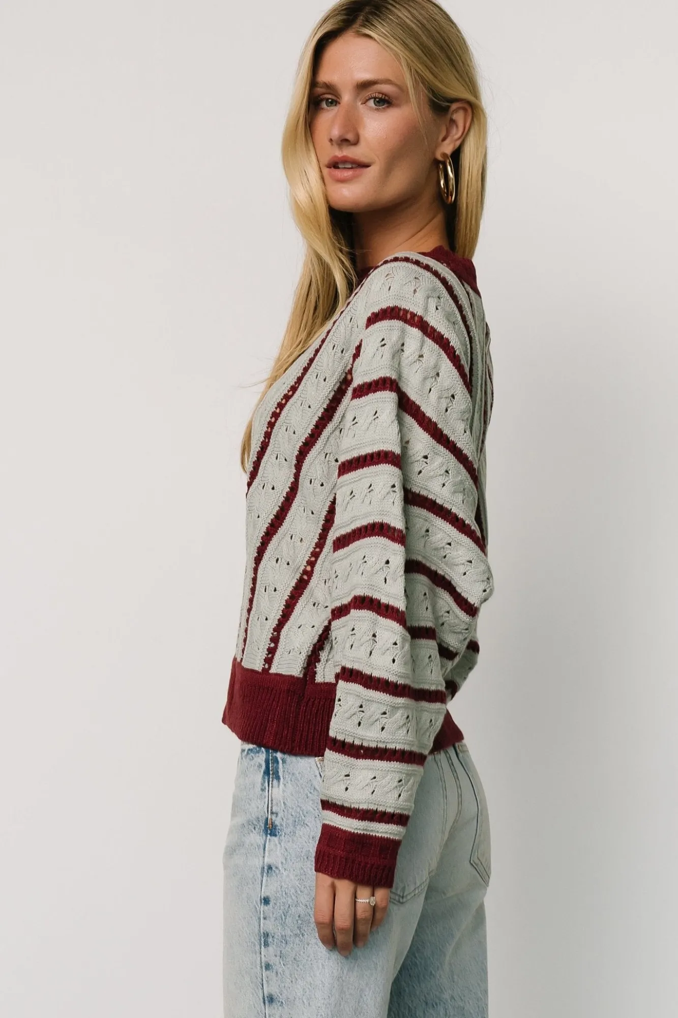 Baltic Born Paola Pointelle Sweater | Light Blue + Burgundy